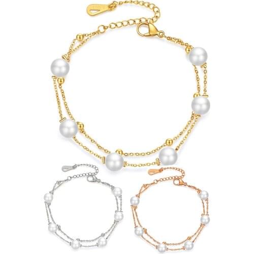 Stainless Steel Summer Jewelry Double Layer Black Bracelet With White Pearl For Lover Gift Fashion Women Jewellry