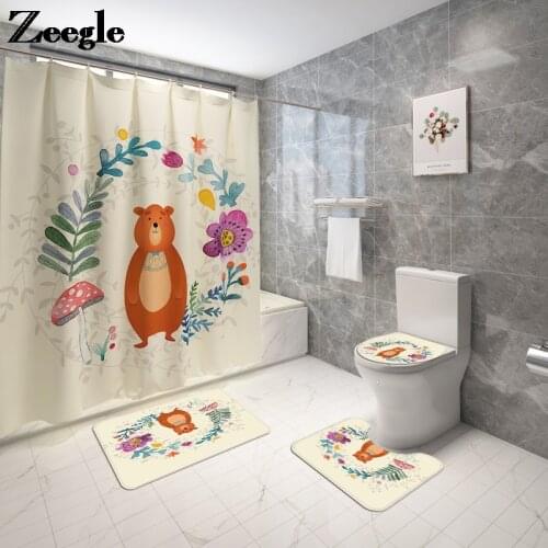 Cartoon Bath Mat and Shower Curtain Bathroom Carpet Toilet Seat Cover Mat Bathroom Floor Mat Water Absorbent Bath Mat