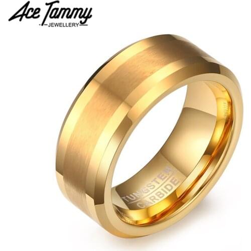 Yellow Gold Tungsten Ring Beveled Edges Classic Wedding Ring 8mm Brushed Center Band Rings for Men
