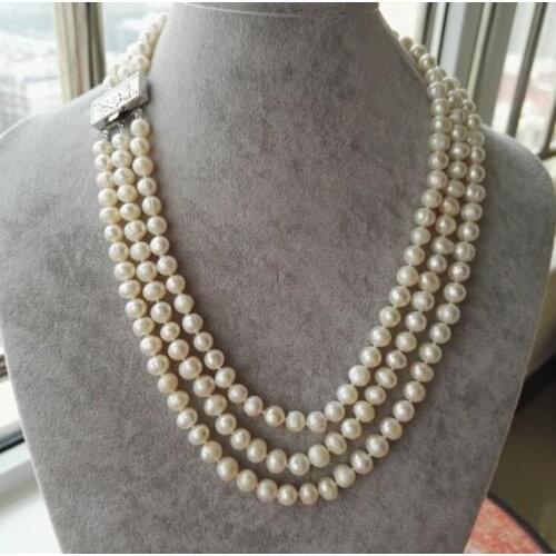 Newest Elegant Ladies Jewellery 3rows 7-8mm White Color Freshwater Pearl Necklace