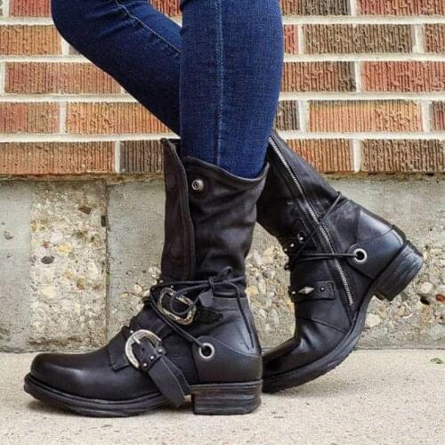 New Autumn And Winter Round Head Retro Belt Buckle Middle Tube Womens Shoes Boots Size 43 Mid-Calf Botas Altas Mujer