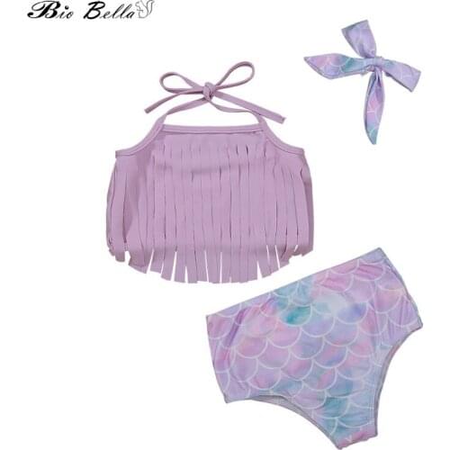Toddler Baby Girls Kids Mermaid Bikini Set Summer Beach Swimwear Tops+Shorts+Headband 3pcs Bathing Suit Gril Swimsuit Costume