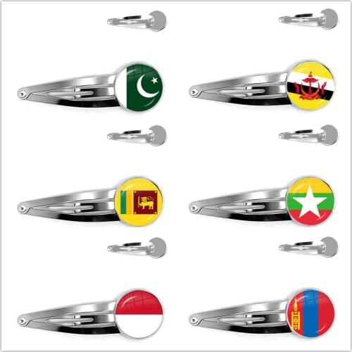 Pakistan,Brunei,Sri Lanka,Myanmar,Indonesia,Mongoli National Flag Hairpins Glass Cabochon Bobby Pin Hair Jewelry for Women Girls