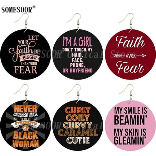 SOMESOOR Both Sides Printed Curvy Black Woman Wooden Drop Earrings Faith Over Fear Sayings Design Pendant Dangle For Women Gifts