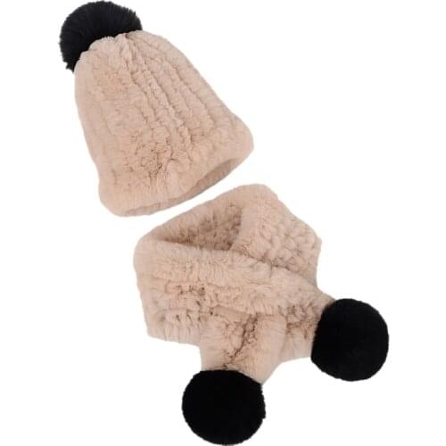 Girls Real Rex Rabbit Fur Hat Scarf Christmas Winter Warm Beanie Cap For Children Hand-Woven Fluffy Soft