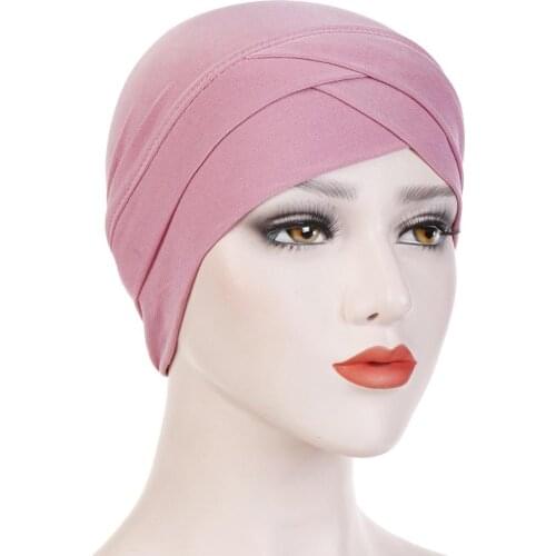 Women Stretchy Turban Hat Cross Head Wrap Cotton Hijab Cap Solid Soft Headscarf New Arrival Fashion Muslim Scarf High Quality