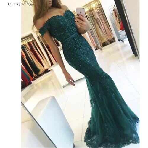 Hunter Green Off The Shoulder Mermaid Evening Dress Beaded Tulle Long Sweep Train Party Gown Custom Made Plus Size