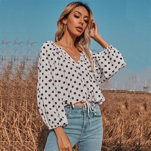 Dot V-neck Spring Summer Top Womens Fashion Long Sleeve Shirt Chiffon White Polka