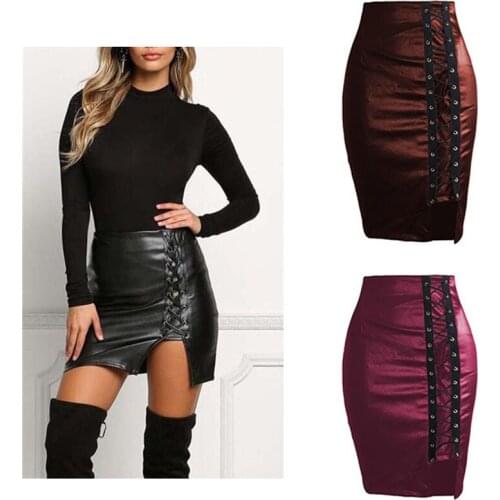 Spring Summer Women Side Split Pencil Skirts Black Lace Up PU Leather Skirts Vintage Bodycon High Waist Mini Skirt