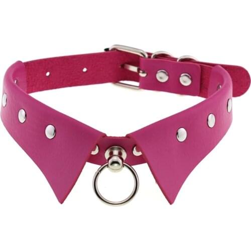 Women Artificial Leather Faux Lapel Choker Collar Gothic Punk Style Harajuku Metal O-Ring Pendant Studded Necklace Belt