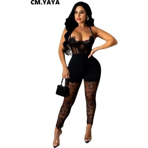 CM.YAYA 2021 Summer Jumpsuits Lace See Though Womens Romper Bodycon Skinny Playsuit Streetwear Strap Overall Sexy Outfit