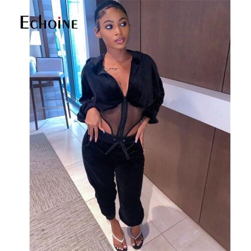 Echoine Autumn Velvet Two Piece Woman Splicing Long Sleeve Hooded Mesh Hollow Zipper Irregular Coat Tops Trousers Club Outfits