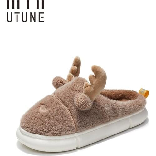 UTUNE Winter Men EVA Platform Furry Home Shoes Christmas Cartoon Slippers Rabbit Wool Slient Flat Women Shoes Pantuflas de mujer