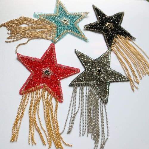 1pc Luxury Crystal Rhinestone Star Tassel Patches for Clothing Iron on Clothes Appliques Badge Stripes Pentagram Sticker DIY