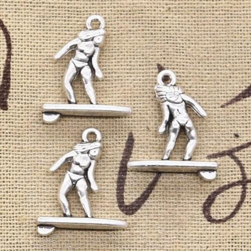 12pcs Charms Lady Female Surfer Surfing 21x18mm Antique Bronze Silver Color Pendants DIY Handmade Tibetan Making Jewelry