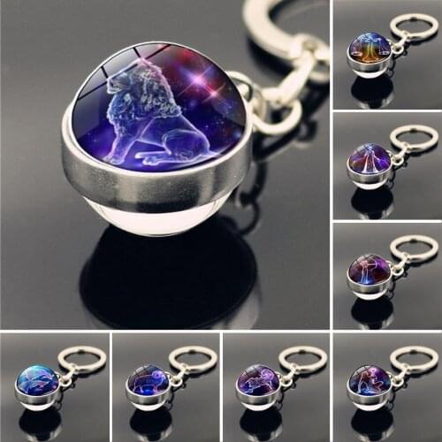 12 Constellations Metal Keychain Pendant Time Gemstone Glass Ball Zodiac Key-chain Gift for Men Women Lover Best Friend Souvenir