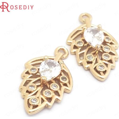 39594)6PCS 13x23MM 24K Gold Color Brass and Zircon Maple Leaf Leaves Charms Pendants Jewelry Making Supplies Diy Accessories