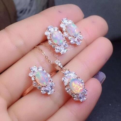 Free Shipping Natural Opal jewelry set Natural Real Opal 925 sterling silver 1pc pendant,1pc ring,2pcs Earring