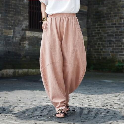 Autumn and winter retro Pantalones Ramie wide legged trousers folk style casual Haren pants loose autumn knickers for female