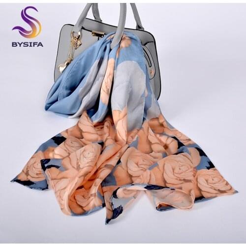 [BYSIFA] Women Grey Blue Silk Scarf Shawl Fashion Elegant Rose Design 100% Pure Silk Long Scarves Wraps Spring New Women Scarf