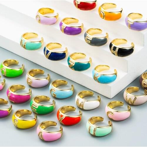 Color Shiny A-Z Initial Letter Dripping Oil Zircon Ring Ladies Girl Jewelry Gift INS Hot Selling Thickened 26English Letter Ring