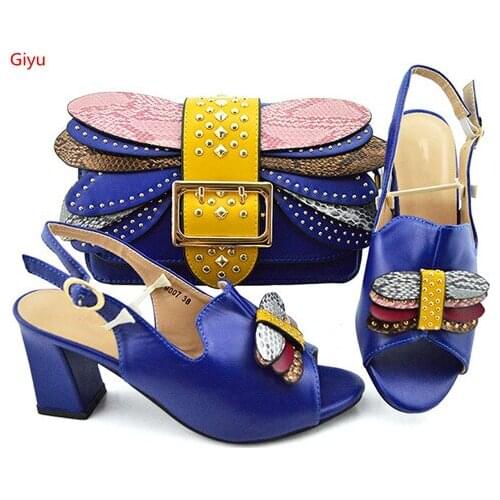 Doershow 2019 latest African Wedding Shoes and Bag Set blue Color Italian Shoes with Matching Bags Nigerian Women party! SKP1-42