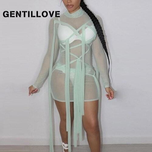 Gentillove 2021 Women Summer High Streetwear Sexy Mesh Gauze Solid Skinny Buttocks Long Sleeve Dress Drawstring Party Club