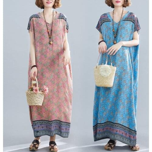 Spring and Summer Retro Positioning Printed Cotton and Linen V-neck Robe Large Size Womens Loose Casual Short Sleeve Dress K673