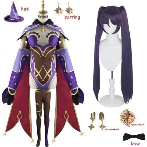 Anime Game Genshin Impact Cosplay Mona Costume Girls Women Halloween Carnival Party Sexy Dress Uniform Cosplay Wig Outfit shoes