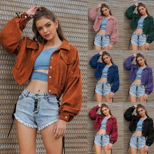 Fashion Corduroy Jacket Women Pure Turndown Collar Long Sleeve Short Basic Coat Women Casual Fall Outwear Thin Cool Jacket Tops