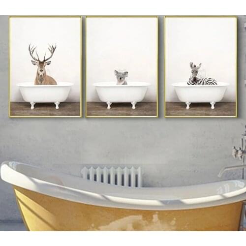 Baby Animal Painting Elephant Lion Zebra Bathtub Nursery Wall Art Canvas Posters Prints Pictures Bathroom Toilet Kid Room Decor