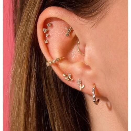 Real 925 sterling silver minimal cute Blooming daisy flower Branch cz Studs for women girls multi piercing delicate 925 earrings