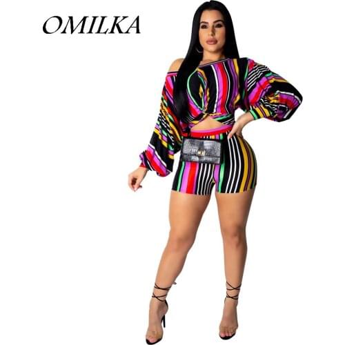 Omilka 2019 Sexy Crop Top and Shorts Two Piece Set Tracksuit Women Puff Sleeve Striped Printed Beach 2 Piece Sets Womens Outfits