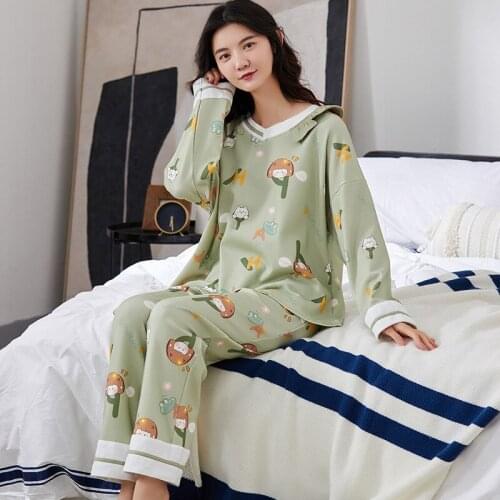 Autumn Fashion Cotton Pajamas Set for Women Long Sleeve Loose O-Neck Solid Sleepwear Cute Green Cartoon Print Mujer Nightwear