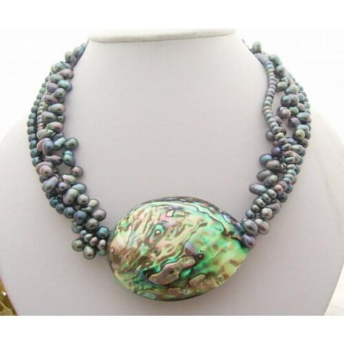 18" 4Strds Black Pearl&Paua Abalone Shell Necklace Free shipping