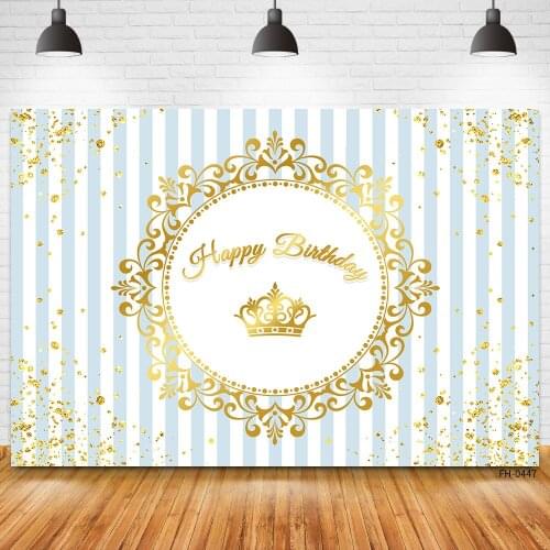 Custom Name Banner Blue Stripe Gold Crown Newborn Baby Girl Birthday Party Backdrops Photography Wedding Background Photo Studio