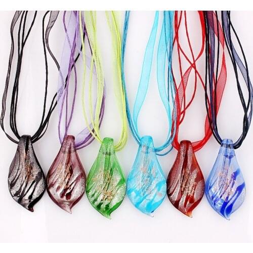 QianBei Fashion Wholesale 6pcs handmade Murano Lampwork Glass Mix Color Leaf Pendants Silver Plated Charms Necklace necl0080