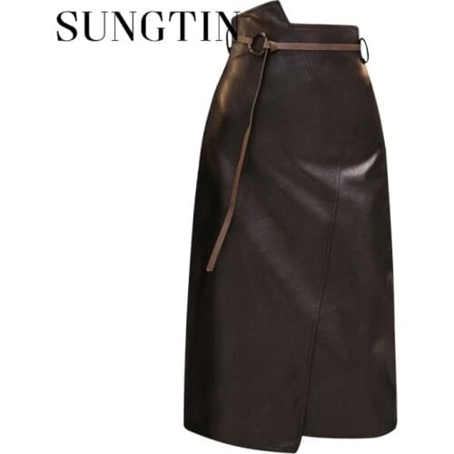 Sungtin Office Lady Bodycon Faux Leather Skirt Women with Belt Casual High Waist Irregular PU Skirt Retro Pencil Skirt Fashion
