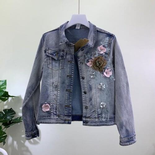 Three-dimensional flowers Denim jackets female single breasted diamond rivet beading denim outwear tops wq1576 dropship