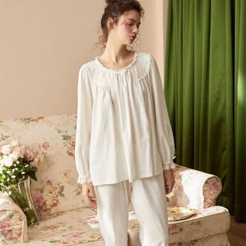 Women Cotton Pajamas Long Sleeve Sleepwear Lady Embroidered Chinese stylePajamas White Pink