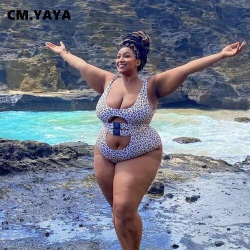 CM.YAYA Women Bodysuit Plus Size Leopard Print Snap-fit Hollow Out Sheath Elastic Bodysuits Sexy Swimsuits Beachwear Bikinis