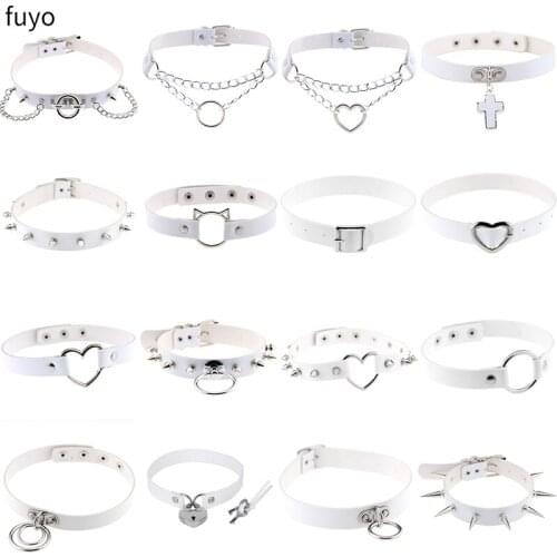 Gothic White Leather Choker Female Collar For Women Goth Punk Chain Cross Necklace Sexy Vegan Chocker Festival Girls Jewelry