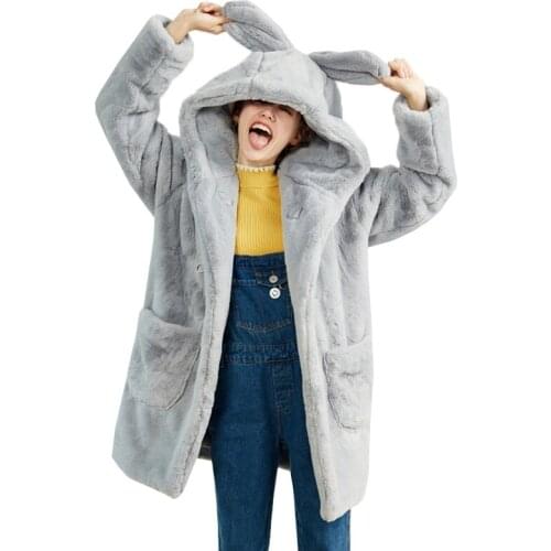 Winter Faux Fur Coat Cute Rabbit Ears Hooded Soft Thick Pink Grey Faux Rabbit Fur Jacket Women Female Horn Button Plush Coats