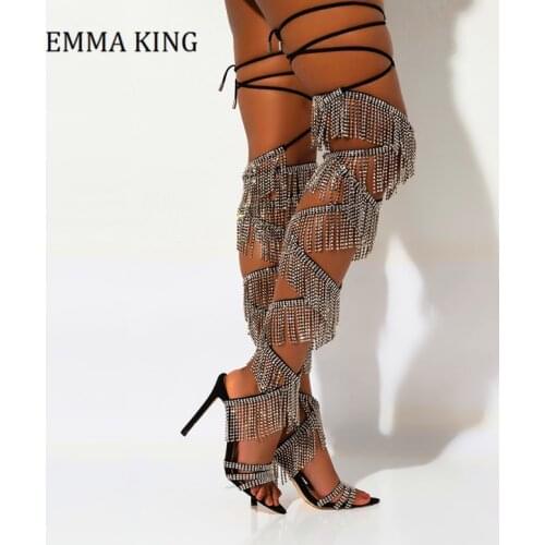 2021 Women Gladiator Sandals Boots Sexy Crystal Tassels Lace up Long Boots Open Toe Rhinestone Over the Knee High Banquet Shoes