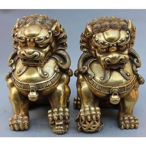 ---524+++15" Chinese Guardion Phylacter Bronze Foo Fu Dog Door Lion Ball Kid Pair Statue