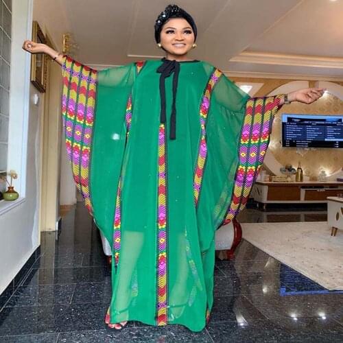 African Clothes Chiffon Long Dress Women Dashiki Bow Collar Bat Sleeve Loose Robe Dress High Quality Plus Size Sundress