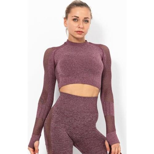 Hollow Mesh Sexy Exposed Belly Button Female Tight Fitting Quick Drying Sports Long Sleeved Fitness Yoga Wear Breathable T-shirt