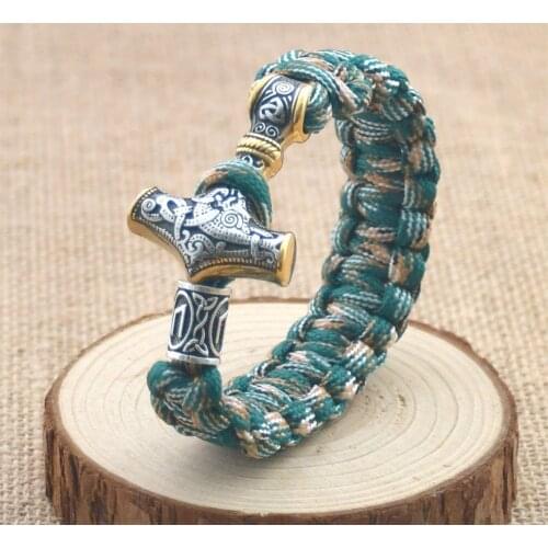 Stainless Steel Viking Odin Thors Hammer Bracelet Nordic Rune Bead Camouflage Umbrella Cord Hand-woven Bracelet
