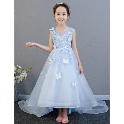 Elegant Kids Summer Dress Butterfly Appliques Flower Girls Dress Pageant Party Wedding Ball Gown Girl Prom Princess Formal Dress