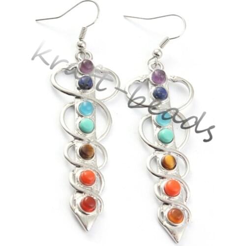 KFT Wholesale Silver Plated Earring 7 Stone Beads Snake Mace Chakra Sword Dangle Hook Stone Earrings For Women Fashion Jewelry